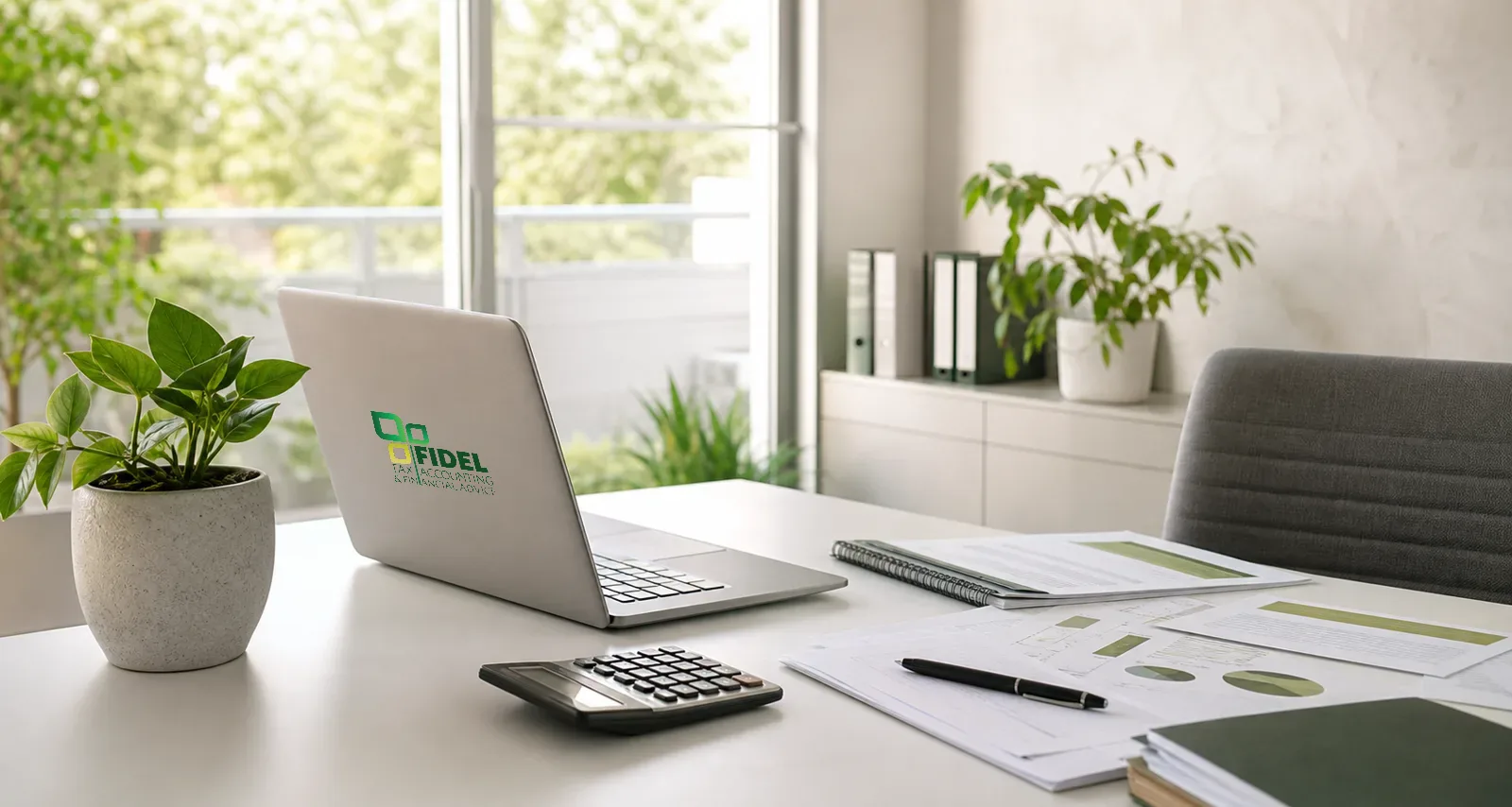 A bright accounting workspace with a Fidel-branded laptop, calculator and organised financial papers