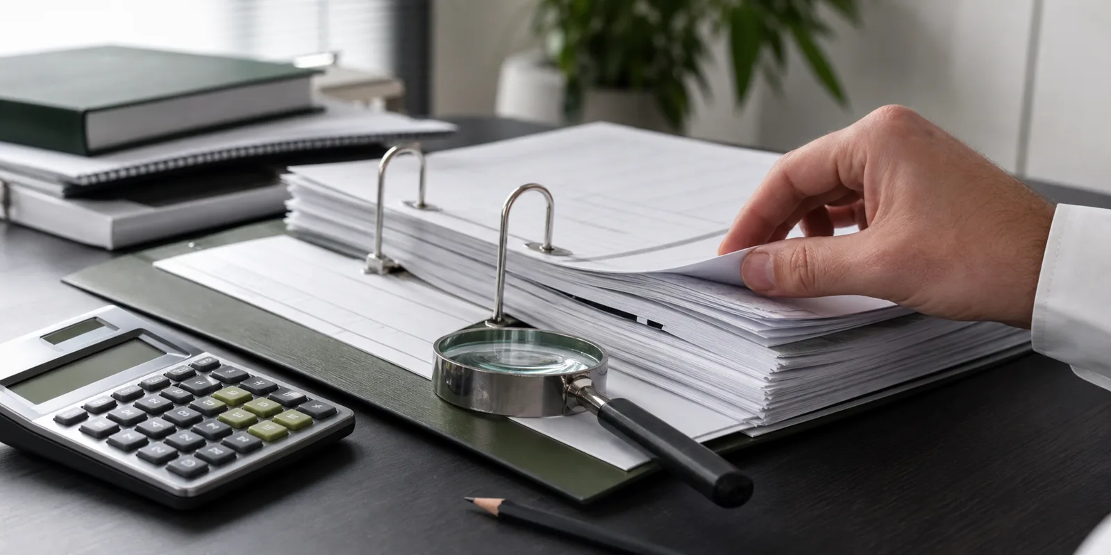 An orderly audit workspace with records, calculator and magnifying glass